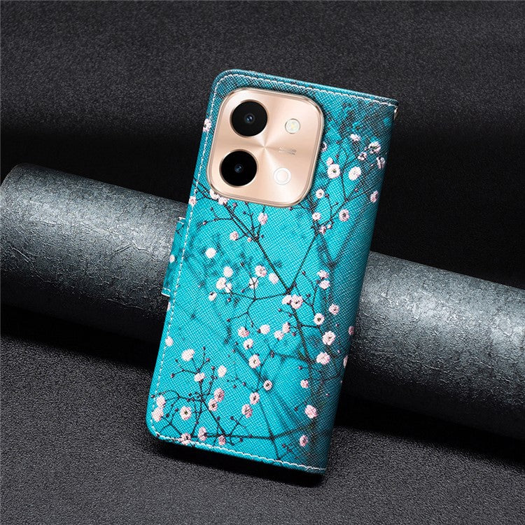 For vivo Y28 4G Case Leather Wallet Stand Phone Cover Pattern Printing - Plum Blossom