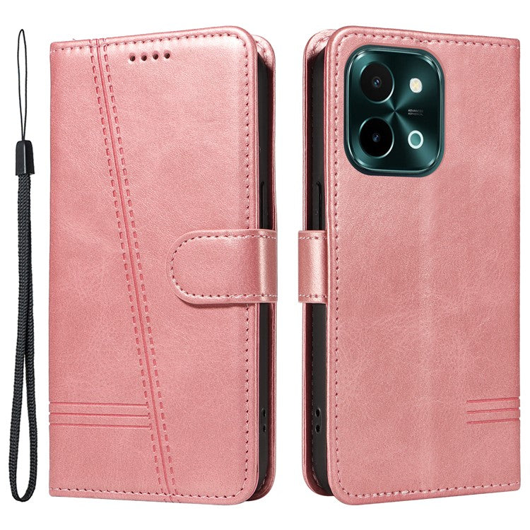 For vivo Y28 4G Case PU Leather Wallet Phone Cover T-Shape Lines Imprint - Rose Gold