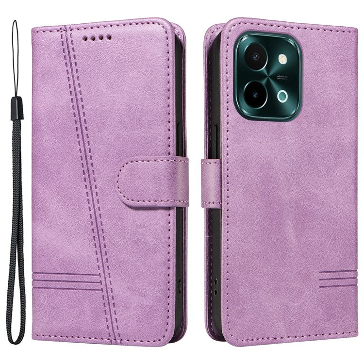 For vivo Y28 4G Case PU Leather Wallet Phone Cover T-shape Lines Imprint - Light Purple