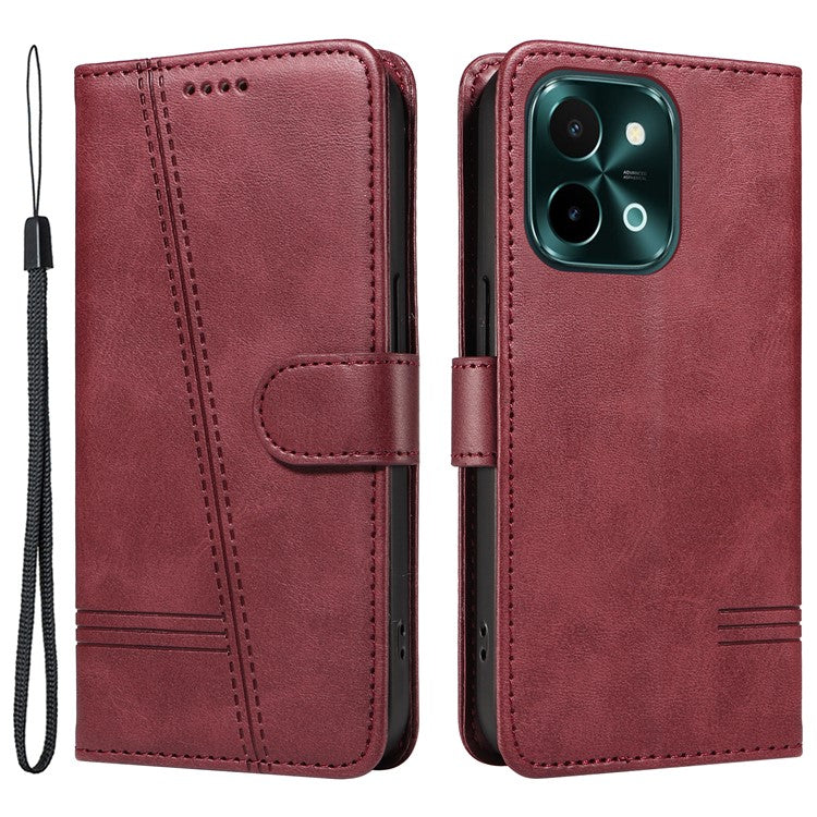 For vivo Y28 4G Case PU Leather Wallet Phone Cover T-shape Lines Imprint - Wine Red