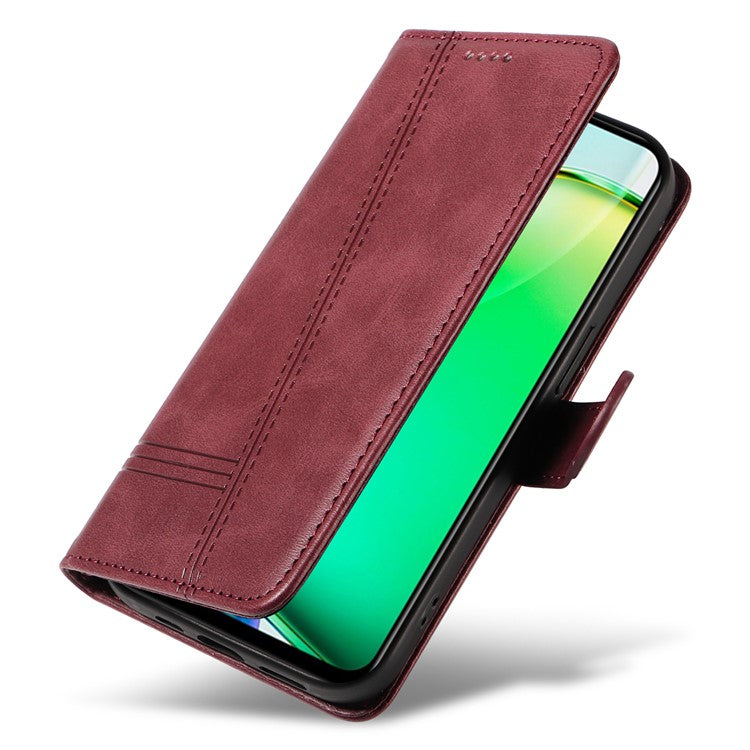 For vivo Y28 4G Case PU Leather Wallet Phone Cover T-shape Lines Imprint - Wine Red