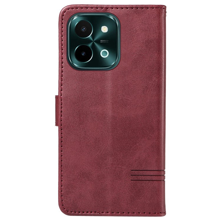 For vivo Y28 4G Case PU Leather Wallet Phone Cover T-shape Lines Imprint - Wine Red