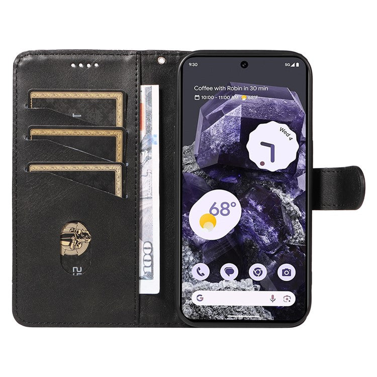 For Google Pixel 8 Case Leather Phone Cover with Wallet and Horizontal Viewing Stand - Black