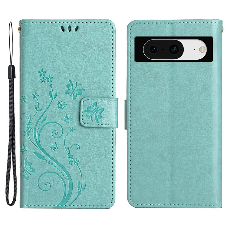 For Google Pixel 8 Phone Case Leather Flip Cover Butterfly Flower Pattern Imprinted - Baby Blue