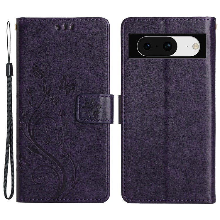 For Google Pixel 8 Phone Case Leather Flip Cover Butterfly Flower Pattern Imprinted - Dark Purple