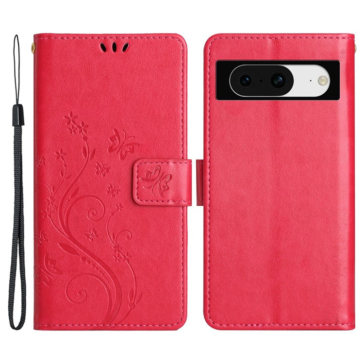 For Google Pixel 8 Phone Case Leather Flip Cover Butterfly Flower Pattern Imprinted - Red