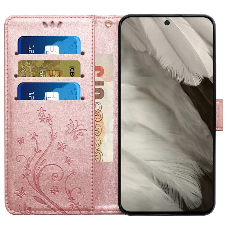 For Google Pixel 8 Phone Case Leather Flip Cover Butterfly Flower Pattern Imprinted - Rose Gold