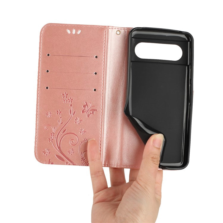 For Google Pixel 8 Phone Case Leather Flip Cover Butterfly Flower Pattern Imprinted - Rose Gold