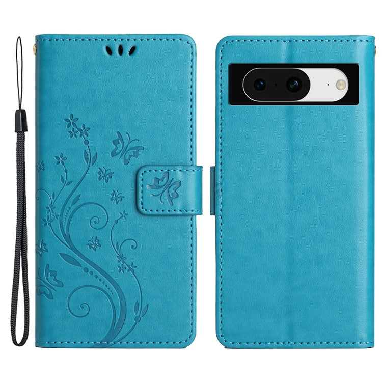 For Google Pixel 8 Phone Case Leather Flip Cover Butterfly Flower Pattern Imprinted - Blue