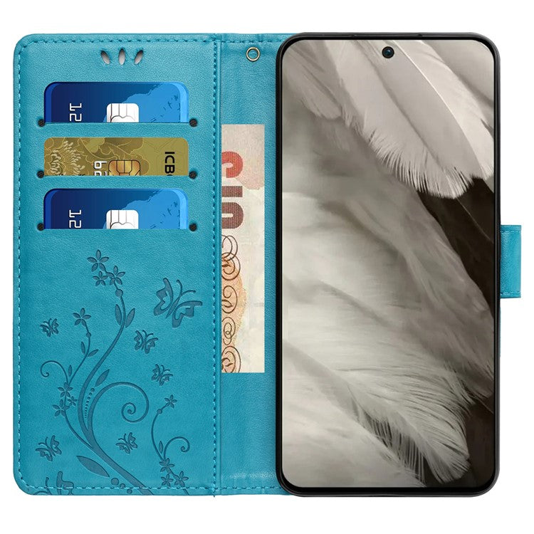 For Google Pixel 8 Phone Case Leather Flip Cover Butterfly Flower Pattern Imprinted - Blue