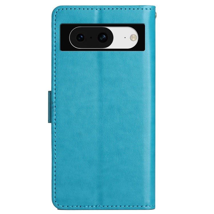 For Google Pixel 8 Phone Case Leather Flip Cover Butterfly Flower Pattern Imprinted - Blue