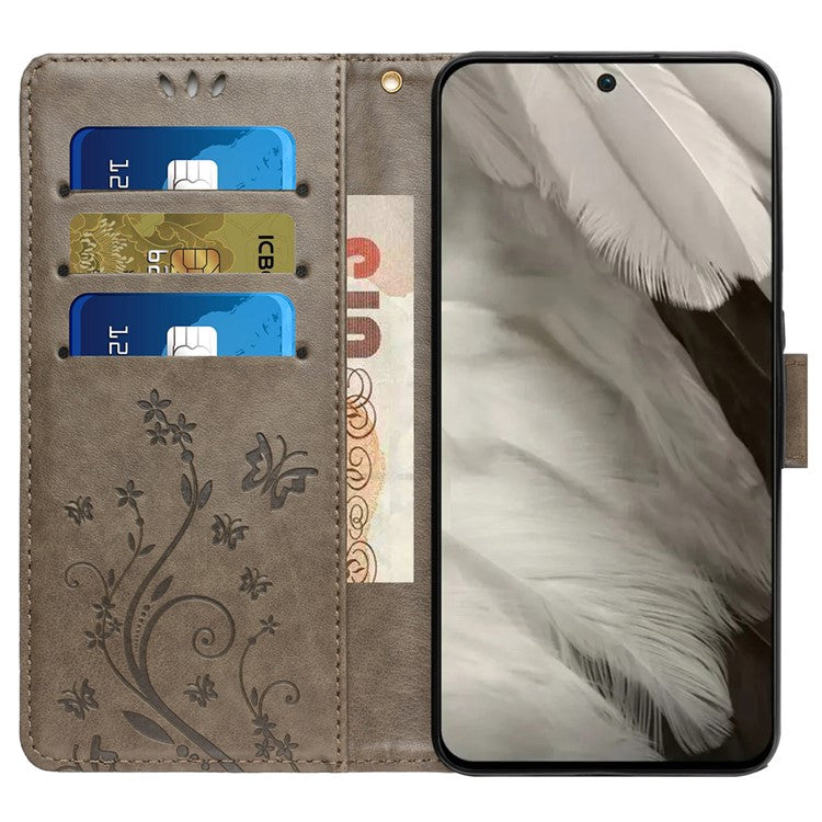 For Google Pixel 8 Phone Case Leather Flip Cover Butterfly Flower Pattern Imprinted - Grey