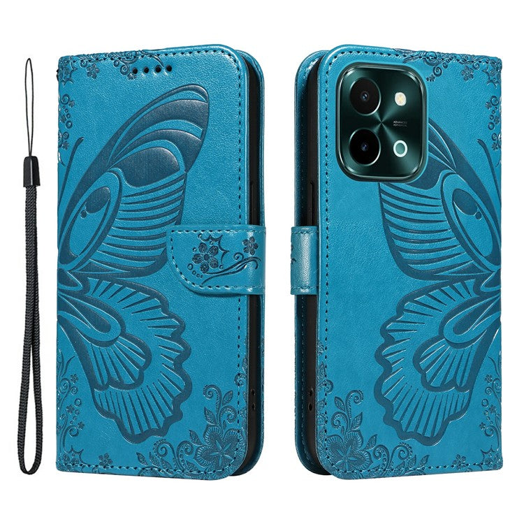 For vivo Y28 4G Case Butterfly Flip Leather Phone Cover with Wrist Strap - Blue