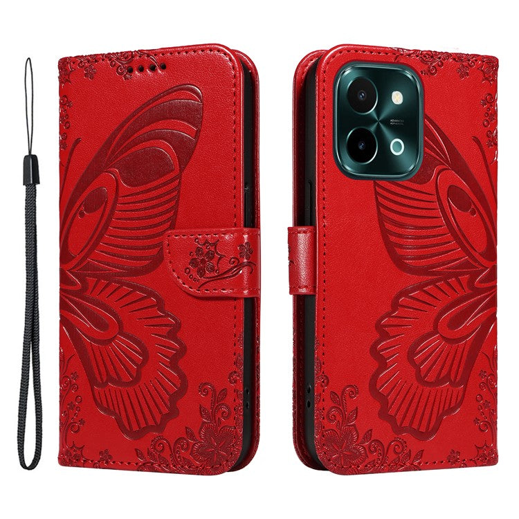 For vivo Y28 4G Case Butterfly Flip Leather Phone Cover with Wrist Strap - Red