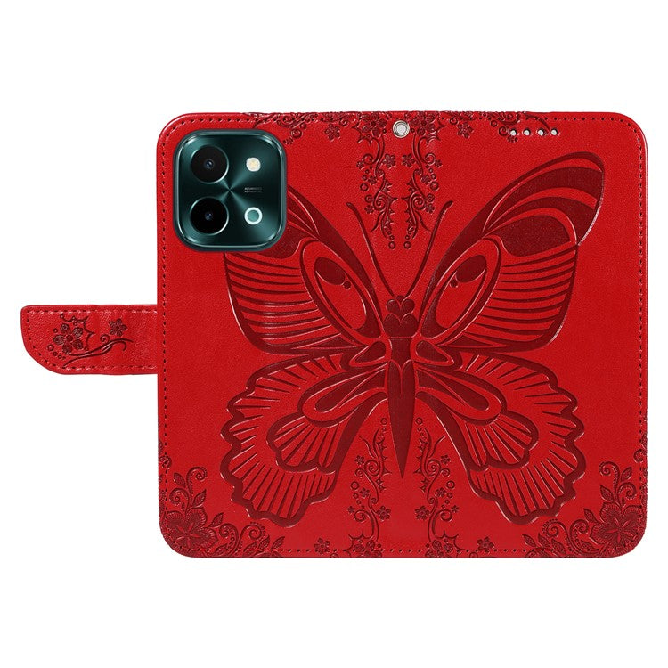 For vivo Y28 4G Case Butterfly Flip Leather Phone Cover with Wrist Strap - Red