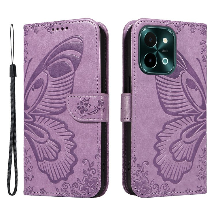 For vivo Y28 4G Case Butterfly Flip Leather Phone Cover with Wrist Strap - Light Purple