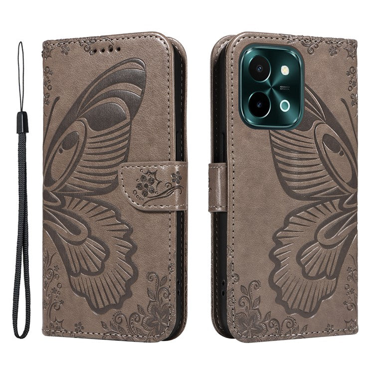 For vivo Y28 4G Case Butterfly Flip Leather Phone Cover with Wrist Strap - Grey