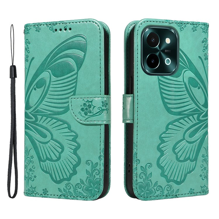 For vivo Y28 4G Case Butterfly Flip Leather Phone Cover with Wrist Strap - Green