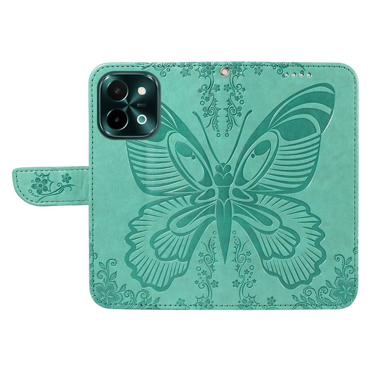 For vivo Y28 4G Case Butterfly Flip Leather Phone Cover with Wrist Strap - Green