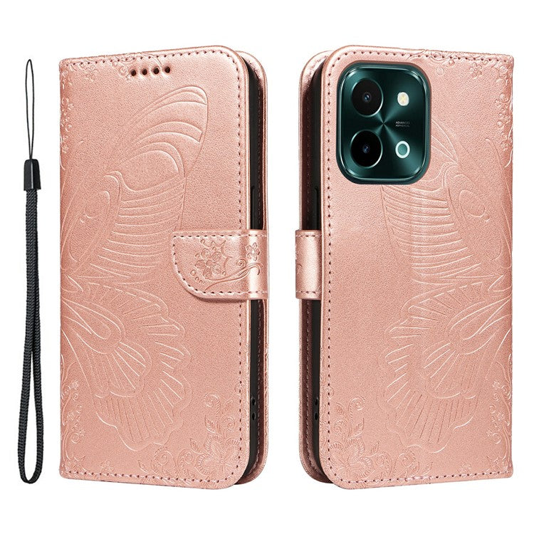 For vivo Y28 4G Case Butterfly Flip Leather Phone Cover with Wrist Strap - Rose Gold