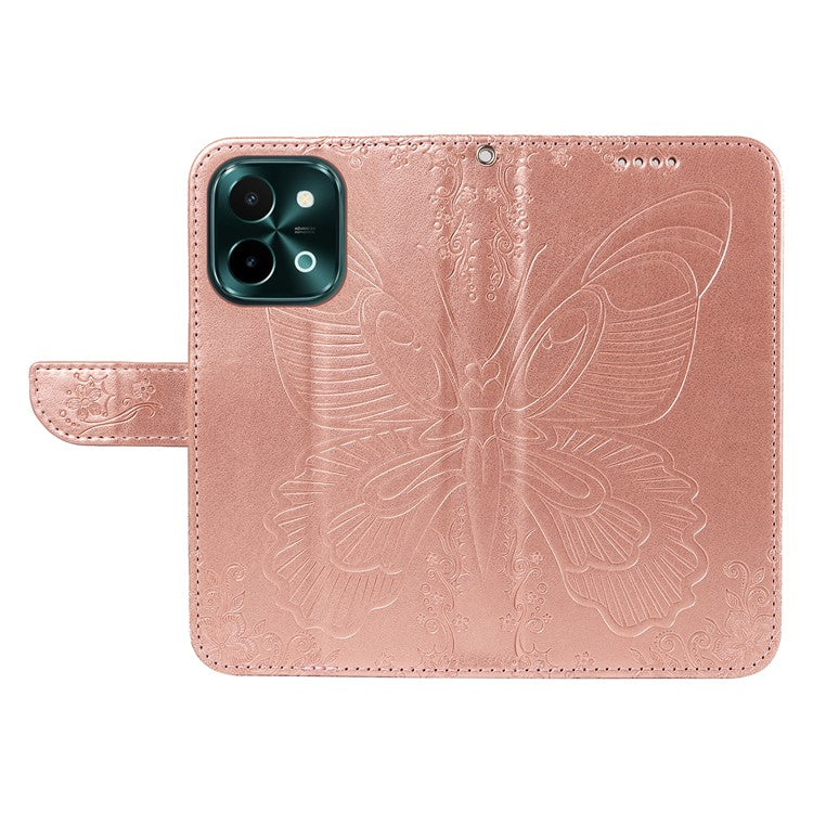 For vivo Y28 4G Case Butterfly Flip Leather Phone Cover with Wrist Strap - Rose Gold