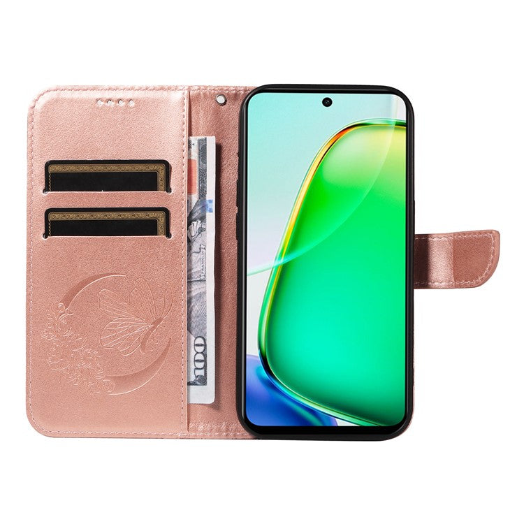 For vivo Y28 4G Case Butterfly Flip Leather Phone Cover with Wrist Strap - Rose Gold