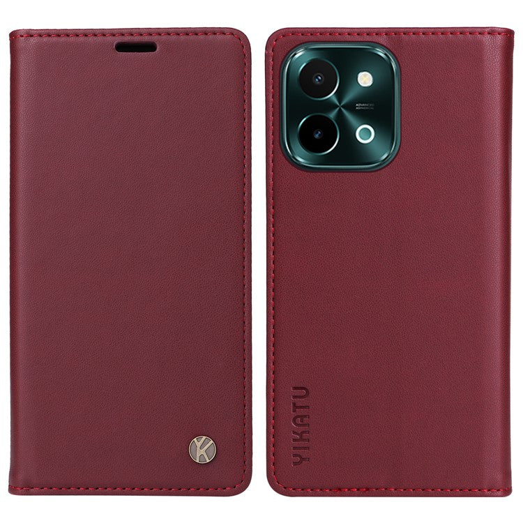 YIKATU YK-001 For vivo Y28 4G Case Card Slot Stand Leather Phone Cover Strong Magnetic - Wine Red