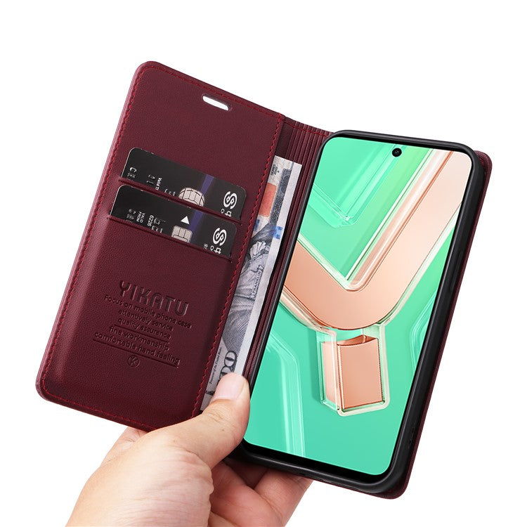 YIKATU YK-001 For vivo Y28 4G Case Card Slot Stand Leather Phone Cover Strong Magnetic - Wine Red