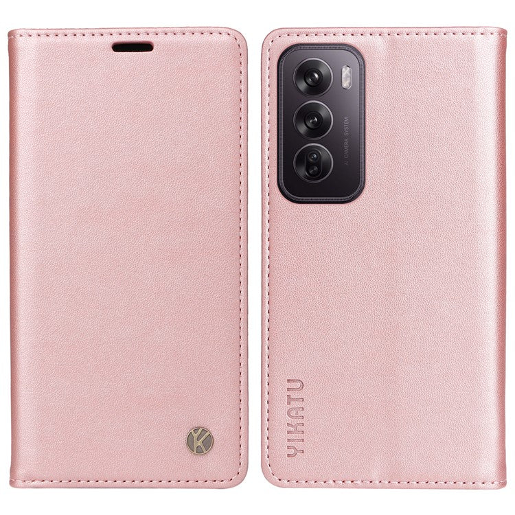 YIKATU YK-001 For Oppo Reno12 5G (Global) Case Wallet Leather Phone Cover Folio Strong Magnetic Closure - Rose Gold