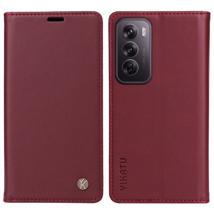 YIKATU YK-001 For Oppo Reno12 5G (Global) Case Wallet Leather Phone Cover Folio Strong Magnetic Closure - Wine Red