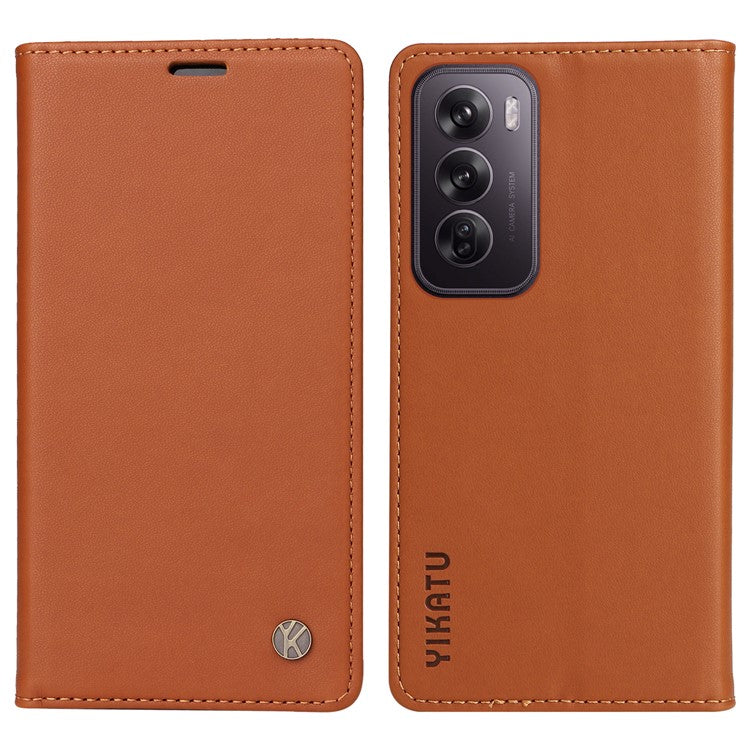 YIKATU YK-001 For Oppo Reno12 5G (Global) Case Wallet Leather Phone Cover Folio Strong Magnetic Closure - Brown