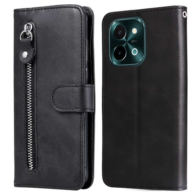 For vivo Y28 4G / iQOO Z9x 5G Case PU Leather Stand Phone Cover with Zipper Pocket - Black