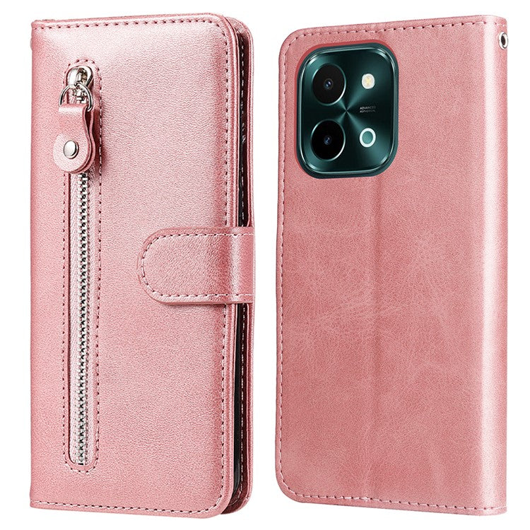 For vivo Y28 4G / iQOO Z9x 5G Case PU Leather Stand Phone Cover with Zipper Pocket - Pink