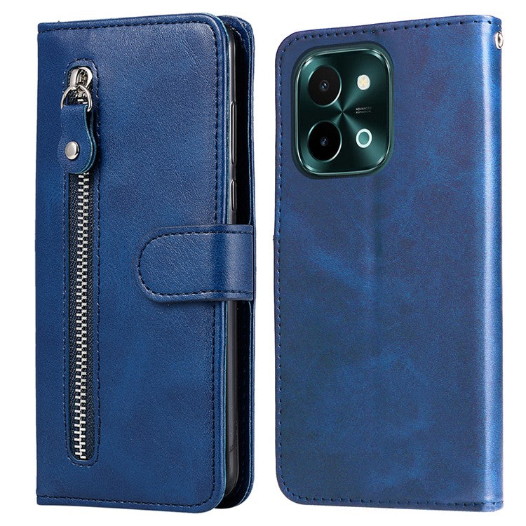 For vivo Y28 4G / iQOO Z9x 5G Case PU Leather Stand Phone Cover with Zipper Pocket - Blue