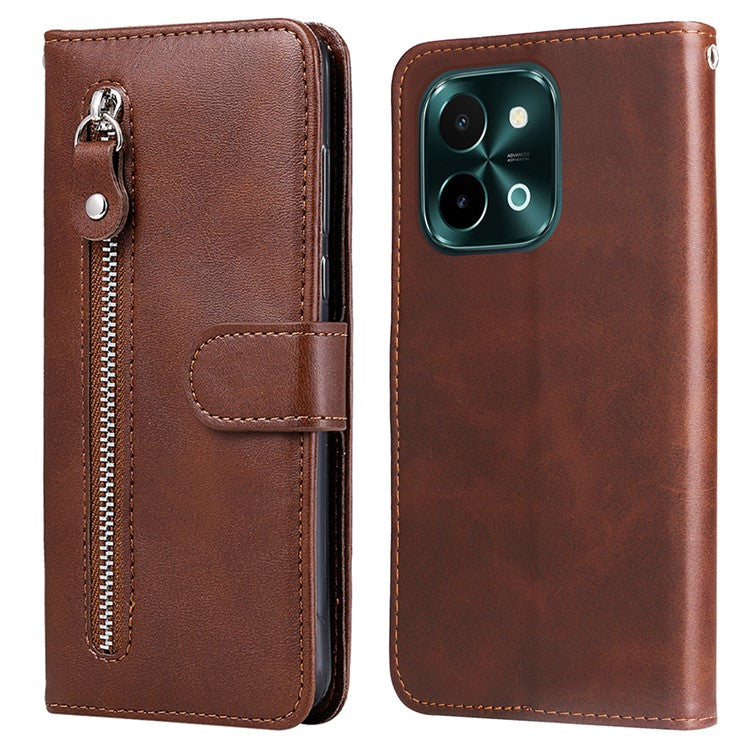 For vivo Y28 4G / iQOO Z9x 5G Case PU Leather Stand Phone Cover with Zipper Pocket - Brown