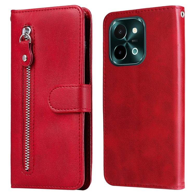 For vivo Y28 4G / iQOO Z9x 5G Case PU Leather Stand Phone Cover with Zipper Pocket - Red