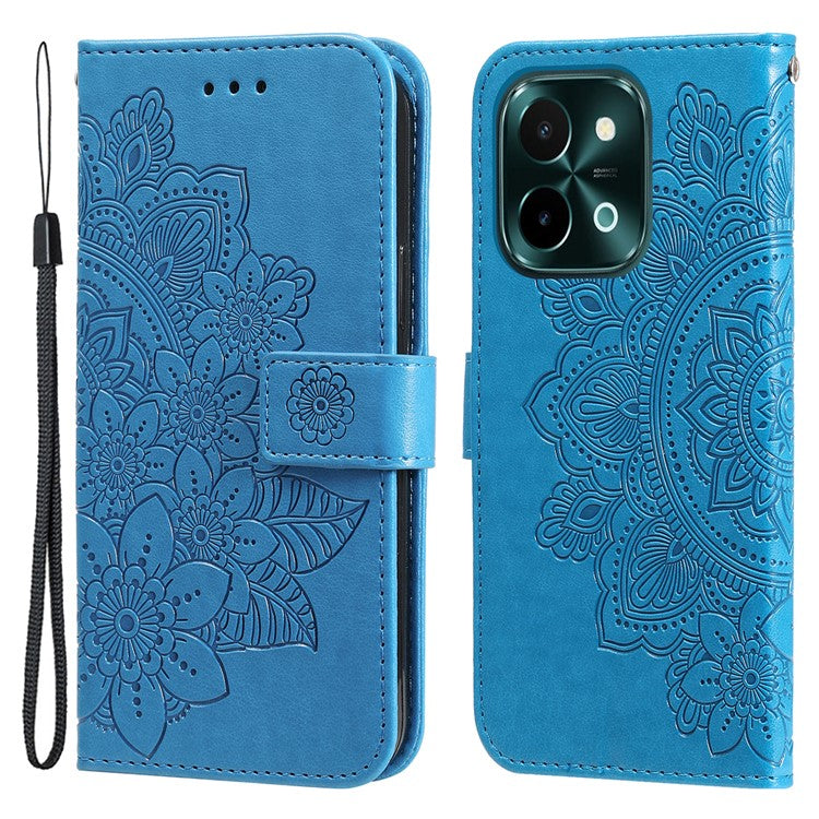 For vivo Y28 4G / iQOO Z9x 5G Case PU Leather Wallet Flower Phone Cover - Blue