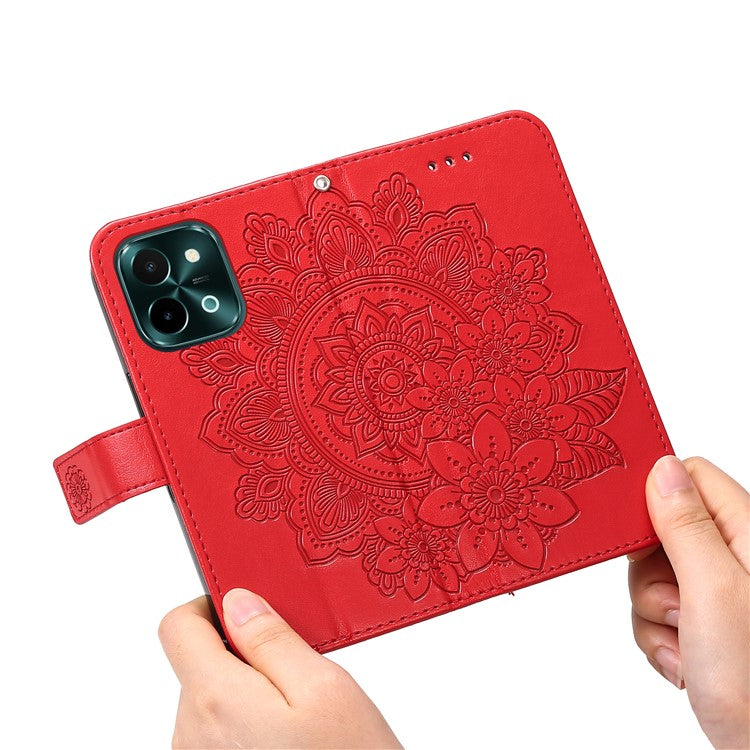 For vivo Y28 4G / iQOO Z9x 5G Case PU Leather Wallet Flower Phone Cover - Red