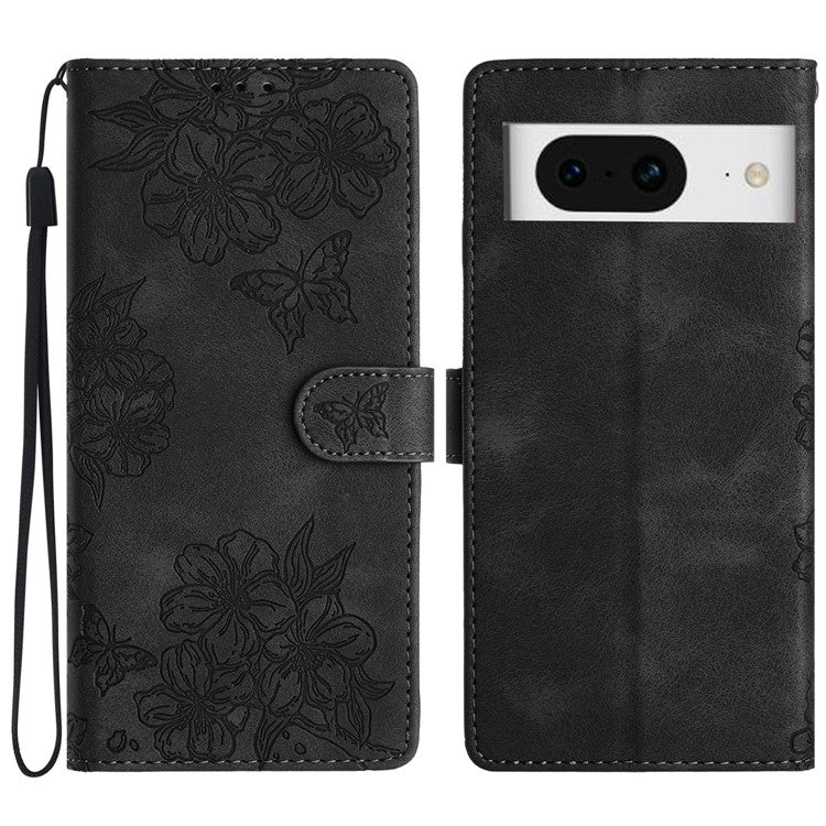 For Google Pixel 8 Case PU Leather Wallet Phone Cover Imprinted Butterfly Flowers Wrist Strap - Black