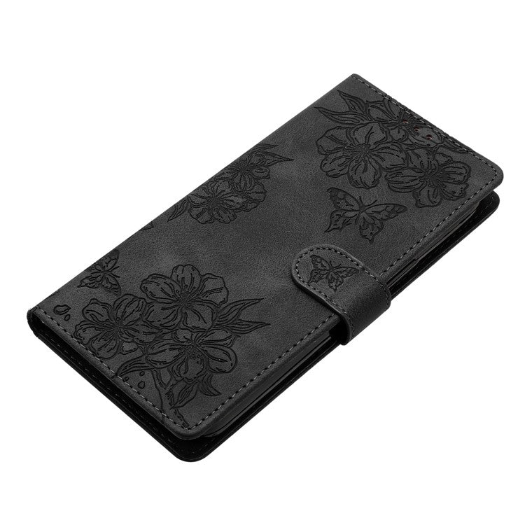 For Google Pixel 8 Case PU Leather Wallet Phone Cover Imprinted Butterfly Flowers Wrist Strap - Black