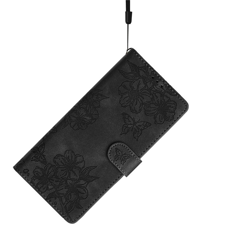 For Google Pixel 8 Case PU Leather Wallet Phone Cover Imprinted Butterfly Flowers Wrist Strap - Black