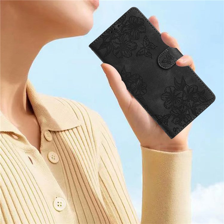 For Google Pixel 8 Case PU Leather Wallet Phone Cover Imprinted Butterfly Flowers Wrist Strap - Black