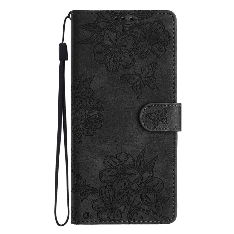 For Google Pixel 8 Case PU Leather Wallet Phone Cover Imprinted Butterfly Flowers Wrist Strap - Black