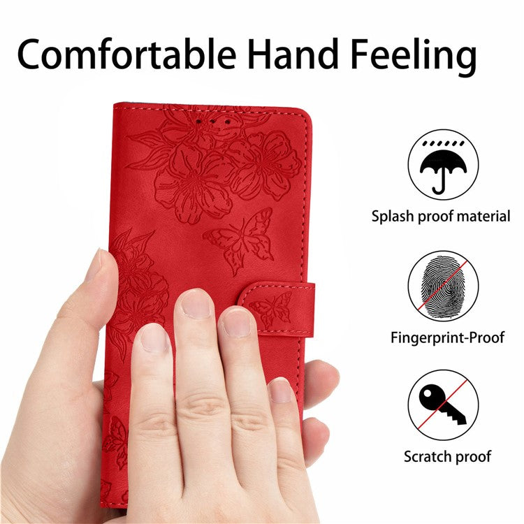 For Google Pixel 8 Case PU Leather Wallet Phone Cover Imprinted Butterfly Flowers Wrist Strap - Red