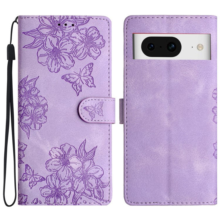 For Google Pixel 8 Case PU Leather Wallet Phone Cover Imprinted Butterfly Flowers Wrist Strap - Purple