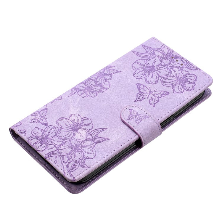 For Google Pixel 8 Case PU Leather Wallet Phone Cover Imprinted Butterfly Flowers Wrist Strap - Purple