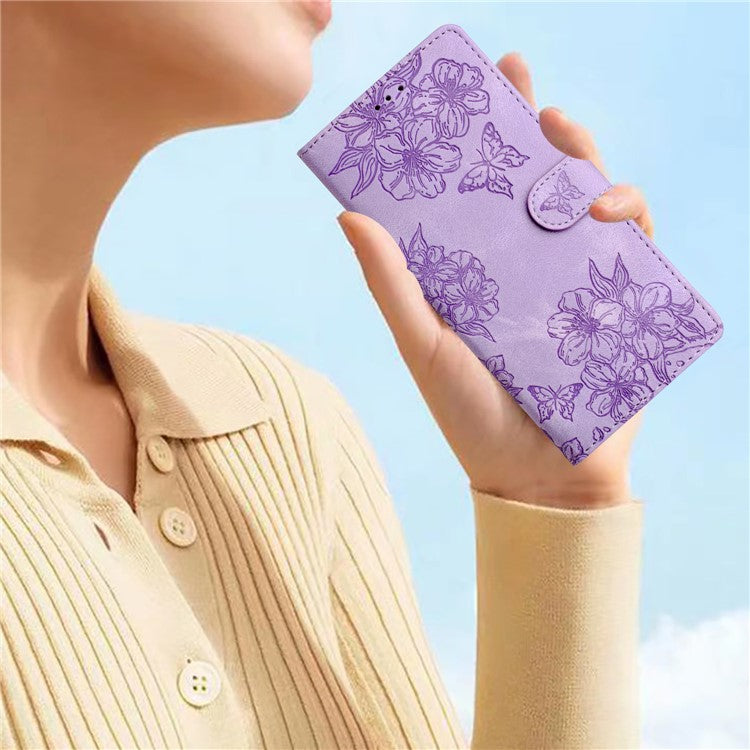 For Google Pixel 8 Case PU Leather Wallet Phone Cover Imprinted Butterfly Flowers Wrist Strap - Purple