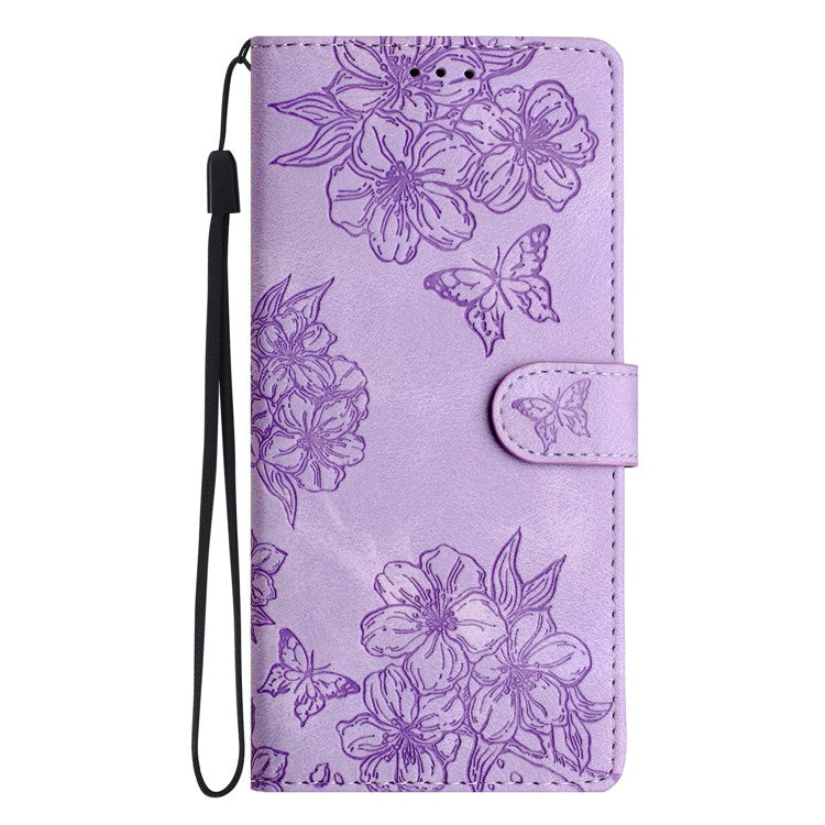 For Google Pixel 8 Case PU Leather Wallet Phone Cover Imprinted Butterfly Flowers Wrist Strap - Purple