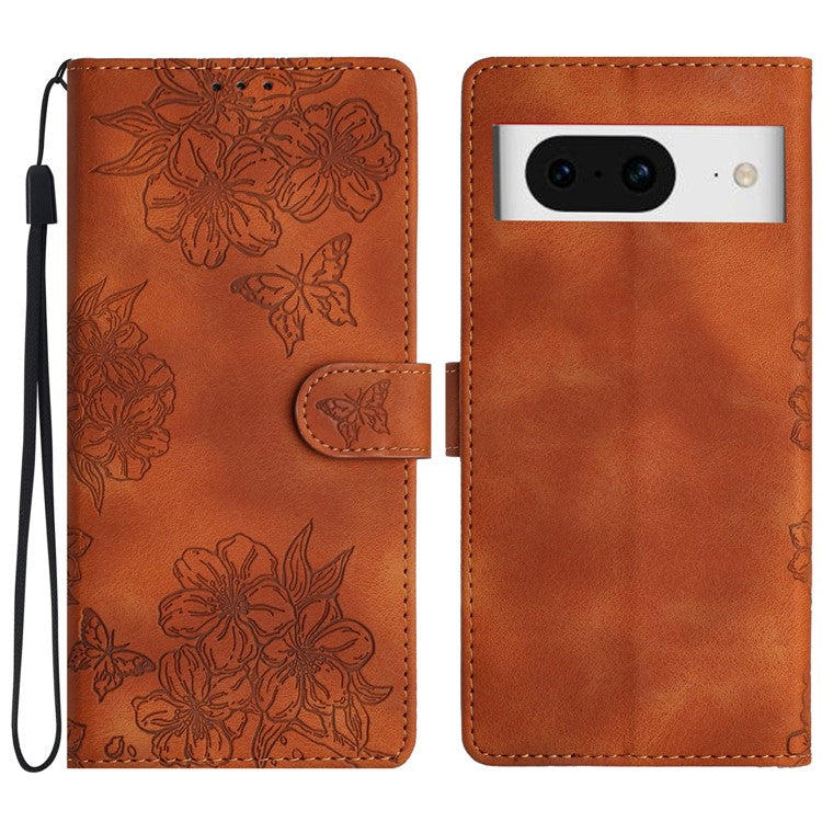 For Google Pixel 8 Case PU Leather Wallet Phone Cover Imprinted Butterfly Flowers Wrist Strap - Brown