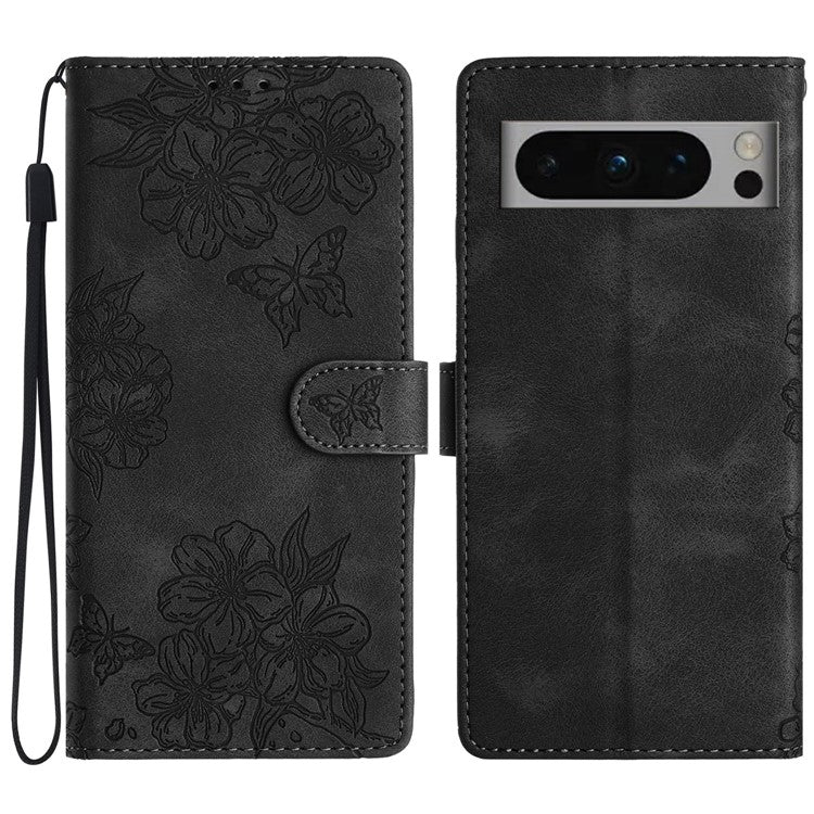 For Google Pixel 8 Pro Case PU Leather Flip Protective Phone Cover Imprinted Butterfly Flowers - Black